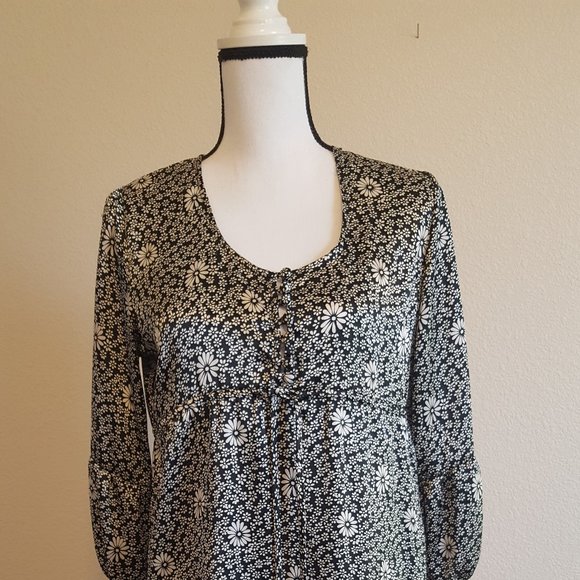 Dressy Top Long Sleeves Black White Peasant BOHO - Picture 6 of 7